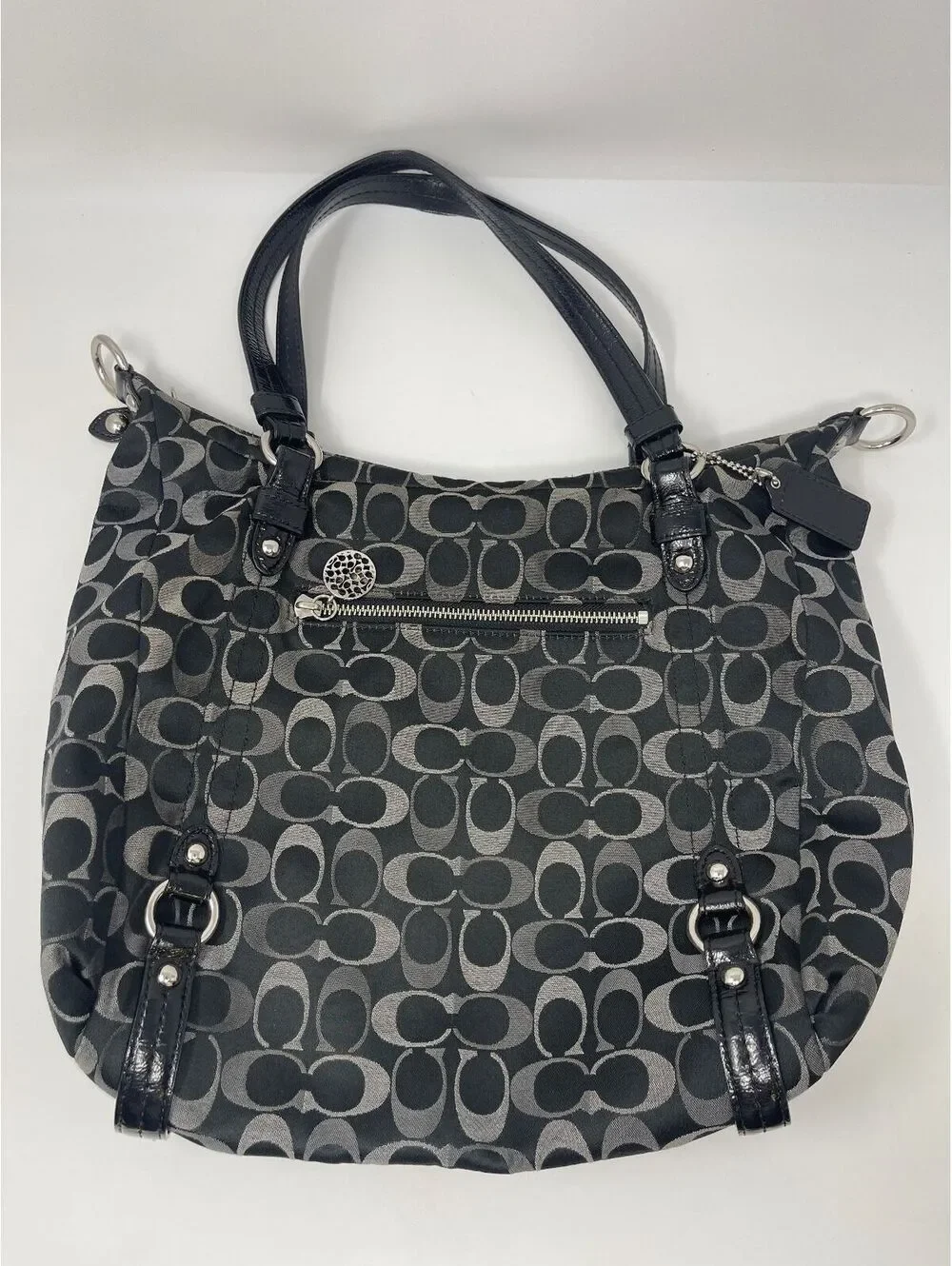 Coach Black Signature C Jacquard Shoulder Bag Purse Tote Silver Hardware Canvas